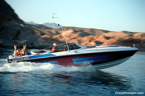 Image of Scarab speed boat with girls on Lake Mead, NV