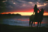 Photo of nude woman on a horse on the beach at sunset